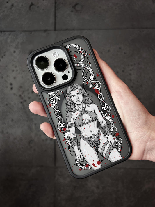 a person holding a phone case with a drawing on it