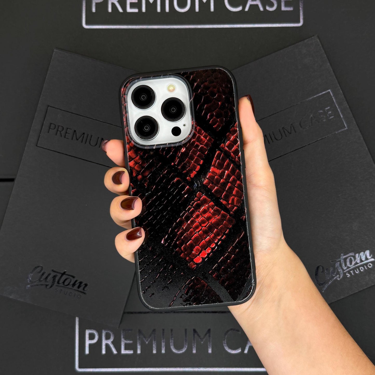 Red Snake Texture iPhone 16 Pro Max Case, Luxury Python Phone Cover for iPhone 15 with MagSafe, Exotic Skin Custom Case Samsung S24 FE S25