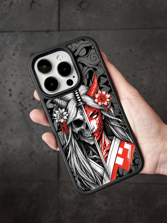 a person holding a phone case with a skull on it
