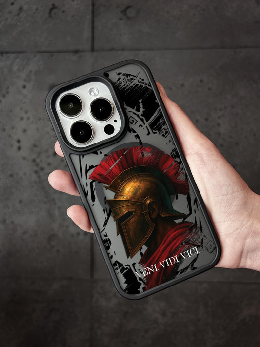 a hand holding a phone case with a picture of a roman soldier