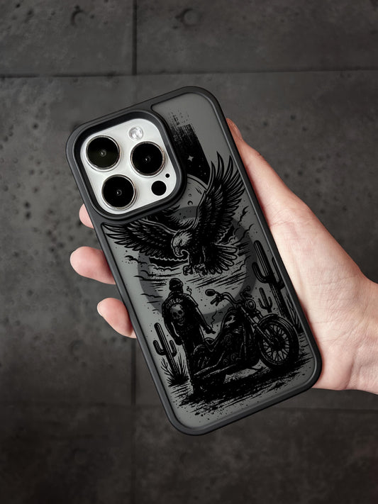 a person holding a phone case with an image of an eagle on it