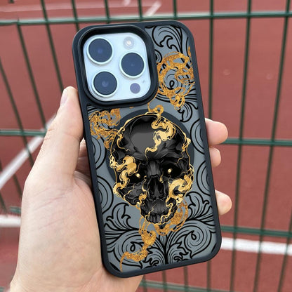 Golden Smoke Skull iPhone 16 Pro Max Case, Gothic Skull Art Cover for iPhone 15 with MagSafe, Dark Grunge Phone Case Samsung S24 FE S25