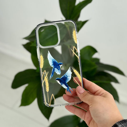 Blue Birds iPhone 16 Pro Max Case, Nature Art Phone Cover for iPhone 15 with MagSafe, Custom Wheat Design Case