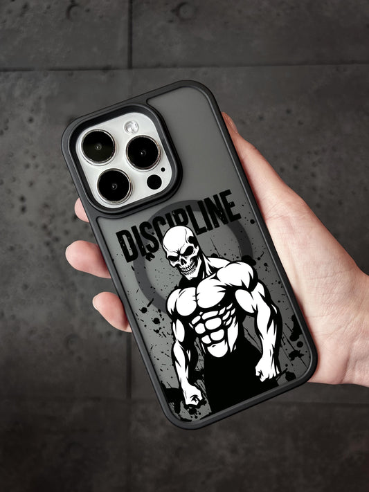 A person&#39;s hand holding a phone case with a skull design and the word &quot;DISCIPLINE&quot; printed on it.