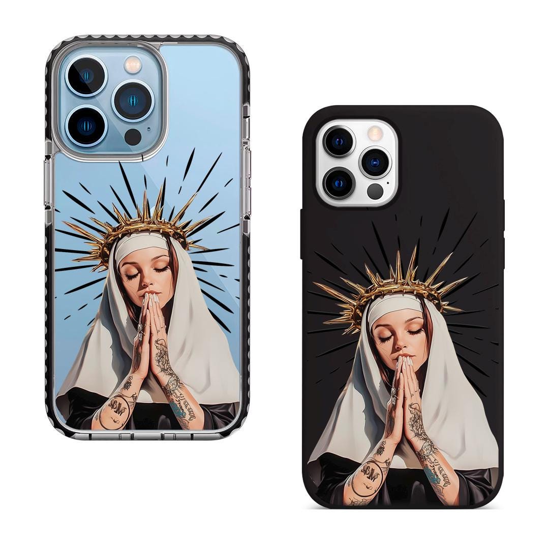 Holy Inked Nun iPhone 16 Pro Max Case, Tattooed Prayer Art Phone Cover for iPhone 15 with MagSafe, Edgy Religious Custom Case