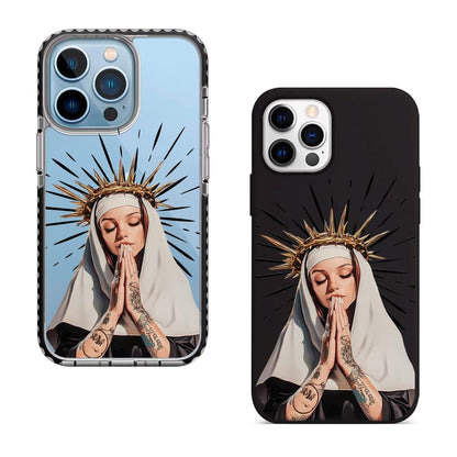 Holy Inked Nun iPhone 16 Pro Max Case, Tattooed Prayer Art Phone Cover for iPhone 15 with MagSafe, Edgy Religious Custom Case