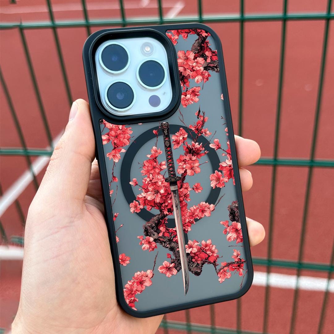 Samurai Sakura Sword iPhone 16 pro max Case, Japanese Art Phone Cover for iPhone 15 with MagSafe, Cherry Blossom Custom Case