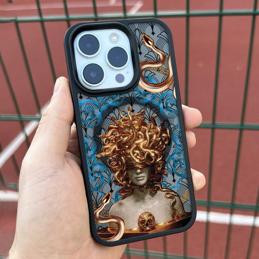 Golden Medusa iPhone 16 Pro Max Case, Mythical Art Phone Cover for iPhone 15 with MagSafe, Artistic Snake Design Custom Case S24 FE S25
