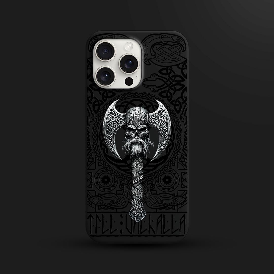 Viking Skull iPhone 16 Pro Max Case, Norse Axe Phone Cover for iPhone 15 with MagSafe, Celtic Warrior Custom Case Samsung S24 FE S25