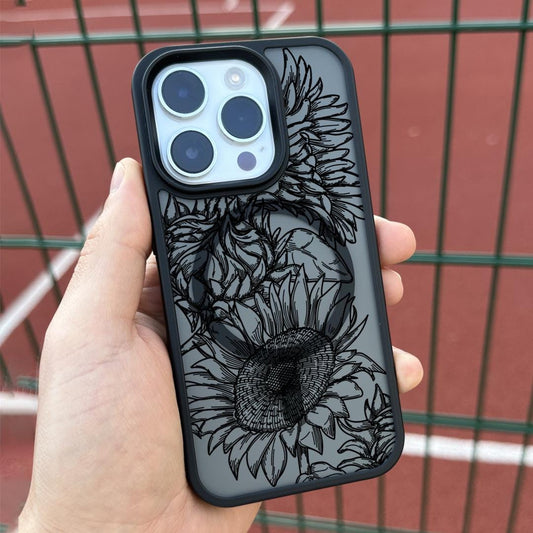 Black Sunflower Floral Print iPhone 16 Pro Max Case, Elegant Botanical Flower Line Art Cover for iPhone 15 with MagSafe Samsung S24 FE S25