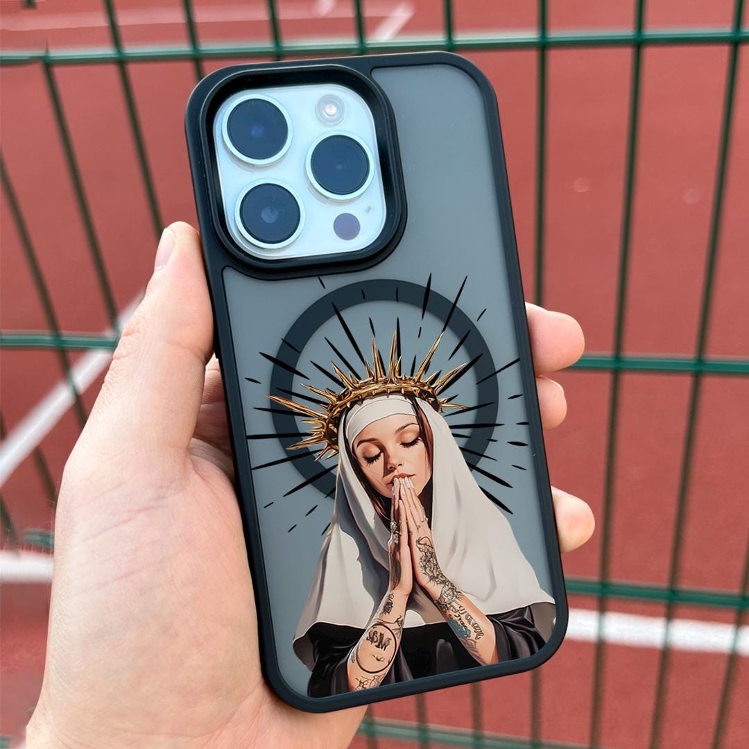 Holy Inked Nun iPhone 16 Pro Max Case, Tattooed Prayer Art Phone Cover for iPhone 15 with MagSafe, Edgy Religious Custom Case
