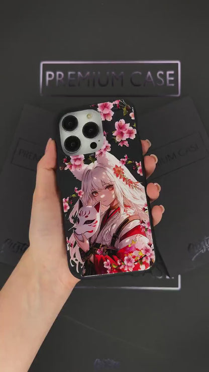 Fox Mask Girl iPhone 16 pro max Case, Sakura Art Phone Cover for iPhone 15 with MagSafe, Elegant Floral Anime Case Samsung S24 FE S25