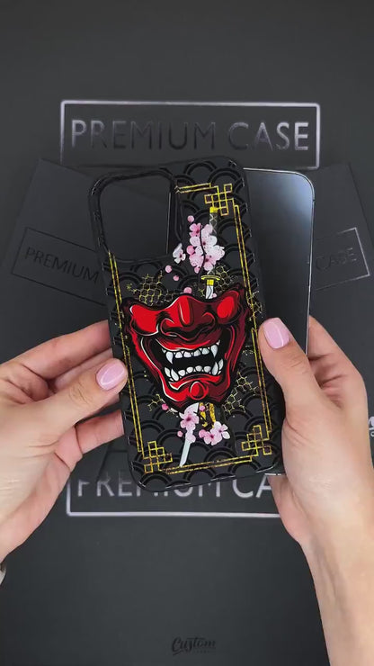 Samurai Mask iPhone 16 Pro Max Case, Japanese Art Phone Cover for iPhone 15 with MagSafe, Custom Oni Warrior Case