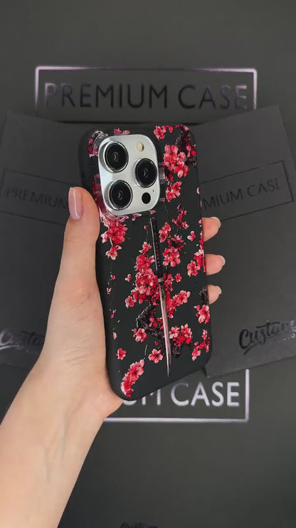 Samurai Sakura Sword iPhone 16 pro max Case, Japanese Art Phone Cover for iPhone 15 with MagSafe, Cherry Blossom Custom Case