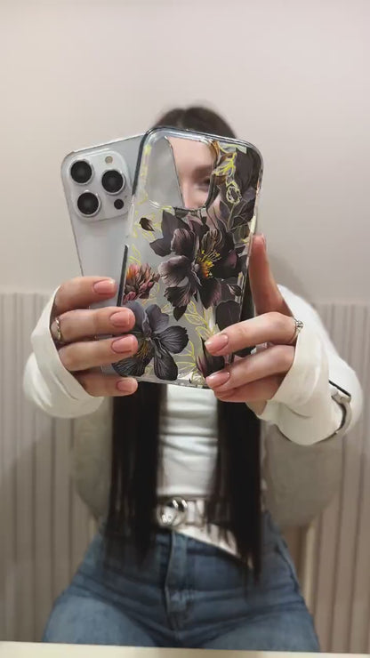 Dark Floral Bloom iPhone 16 pro max Case, Botanical Flower Cover for iPhone 15 with MagSafe, Black and Gold Custom Case