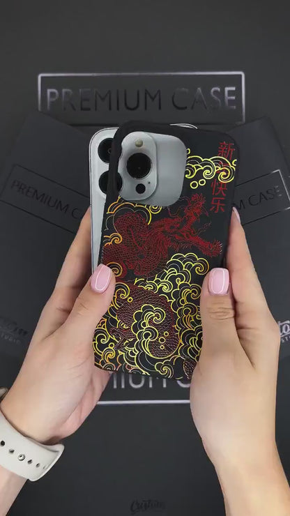 Golden Red Dragon iPhone 16 Pro Max Case, Chinese Art Cover for iPhone 15 with MagSafe, Artistic Mythical Design Case