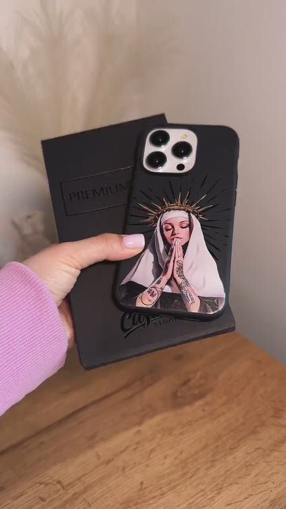 Holy Inked Nun iPhone 16 Pro Max Case, Tattooed Prayer Art Phone Cover for iPhone 15 with MagSafe, Edgy Religious Custom Case