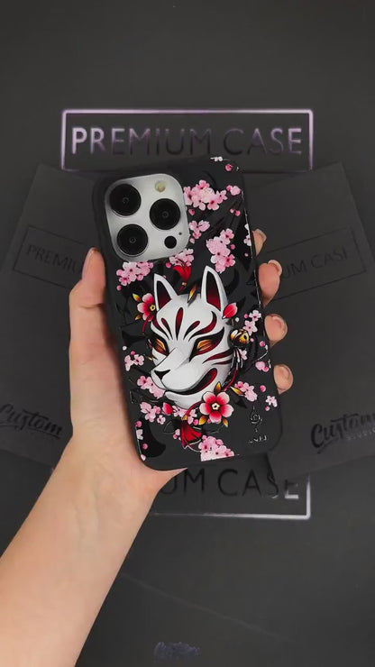 Animal Mask iPhone 16 Pro Max Case, Japanese Art Phone Cover for iPhone 15 with MagSafe, Floral Kitsune Custom Case