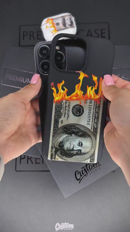 Burning Money iPhone 16 Pro Max Case, Flame Dollar Phone Cover for iPhone 15 with MagSafe, Edgy Currency Fire custom case