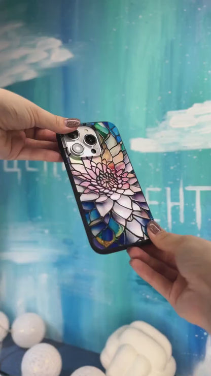 Colorful Floral Art iPhone 16 pro max Case, Stained Glass Phone Cover for iPhone 15 with MagSafe, Artistic Flower Custom Case S24 FE S25