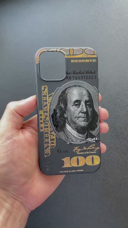 100 Dollar Bill iPhone 16 Pro Max Case One-Hundred-Dollar Bill MagSafe Compatible Silicone Case Benjamin Franklin iPhone Black Leather Case